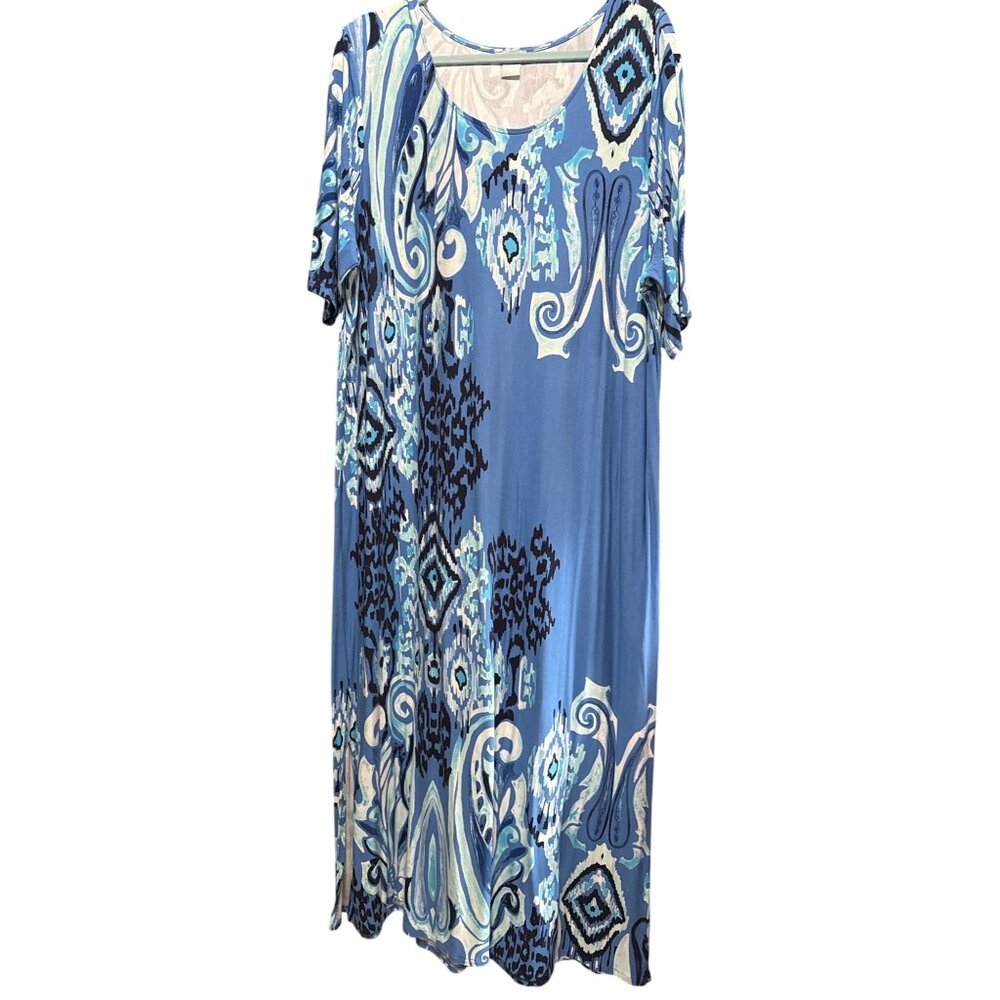 Chicos Size 4 (20/22) Short-Sleeve Blue Paisley Print Dress Rayon/Spandex Blend